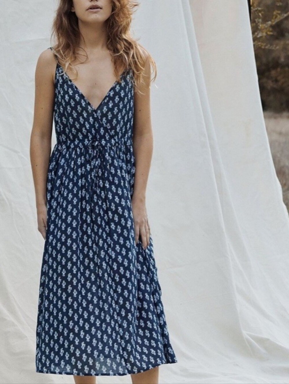 Christy Dawn Lincoln Sea Block Rare Navy Floral Wrap Midi Dress Deadstock Soft